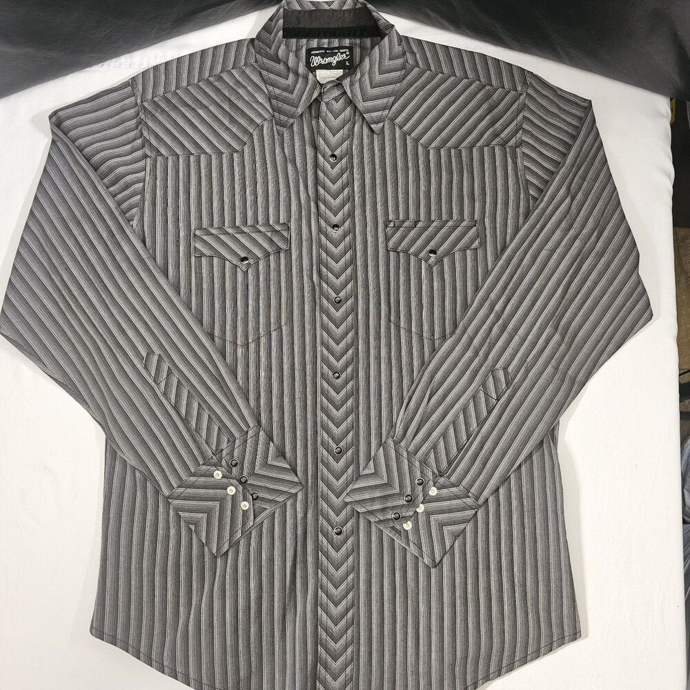 Wrangler Western Shirt Pearl Snap Mens L Black Long Sleeve Striped